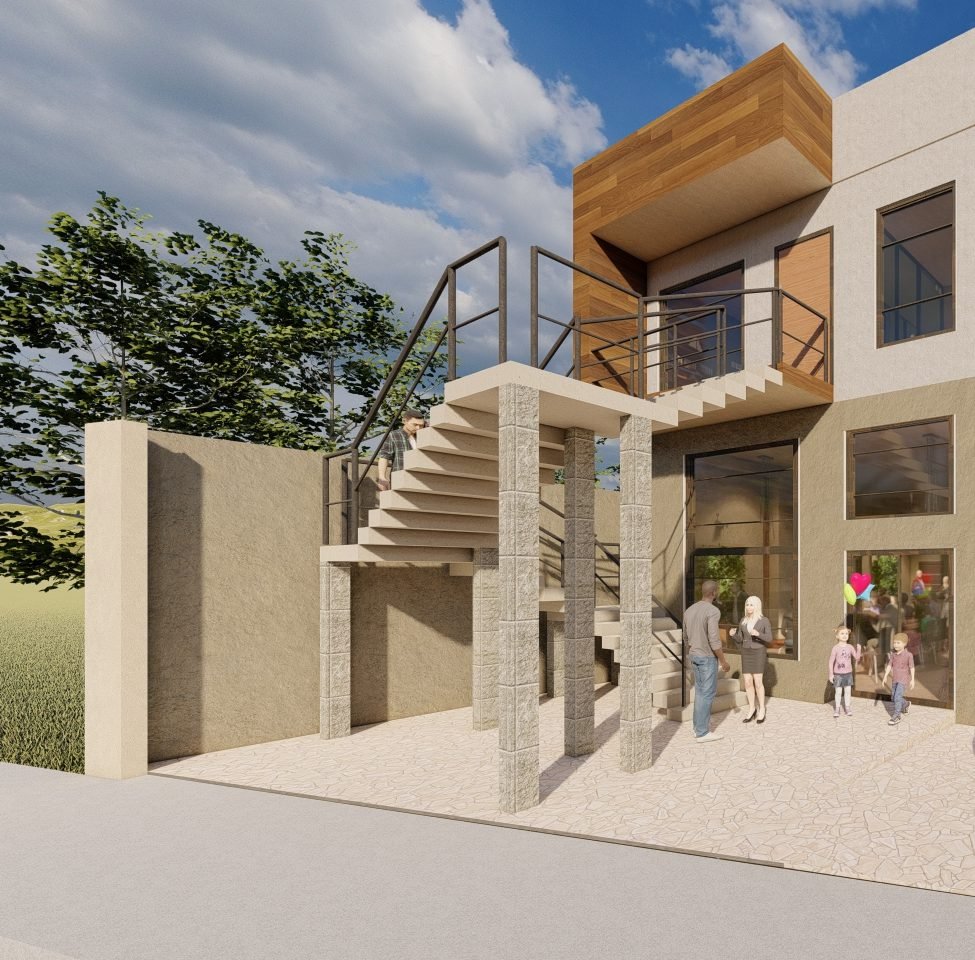 Render del edificio terminado: dos plantas, escalera exterior de hormigón, ventanales y volumen de madera en la planta alta.