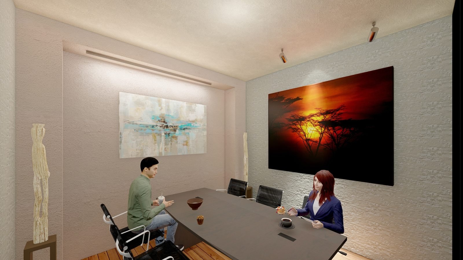 Render de la sala de reuniones de la planta alta, con mesa larga y piso de madera.