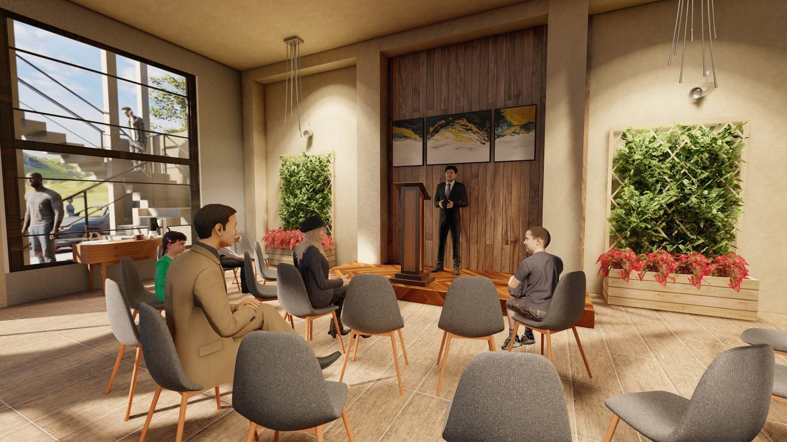 Render del salón de oración: sillas dispuestas frente a un frente de madera con púlpito, ventanal a la calle y jardines verticales.